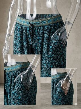 ALCHEMY Baggy Tapered Harem Joggers Pants Front Pockets Blue Floral Women M/L